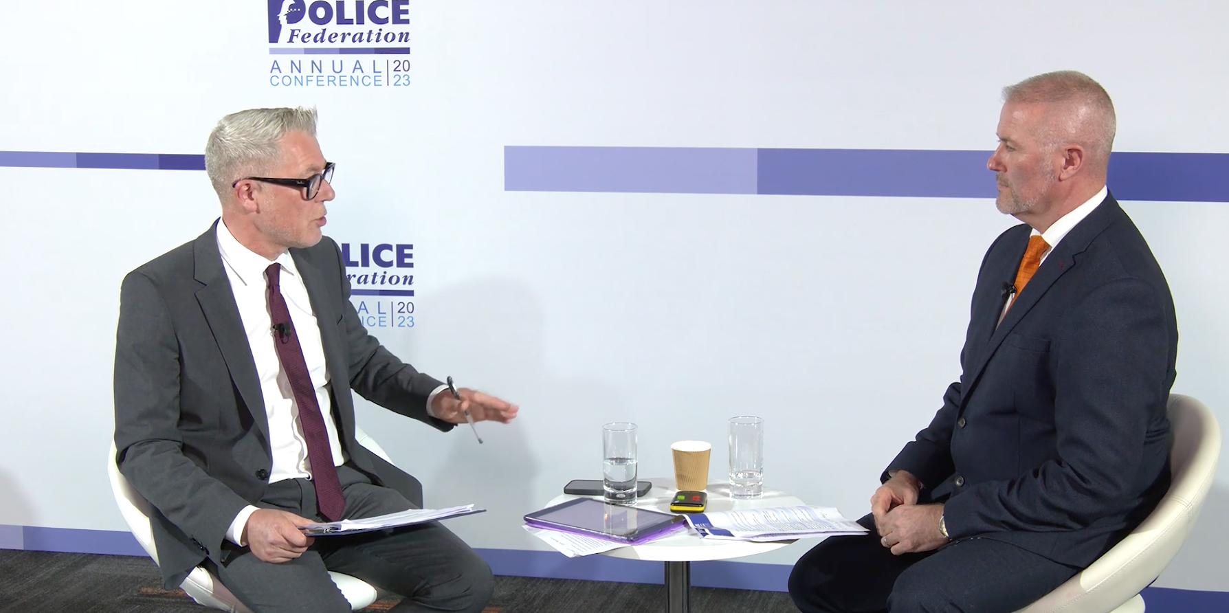 PFEW chair Steve Hartshorn (right) talks to host Ian Collins during day one of the Federation's annual conference