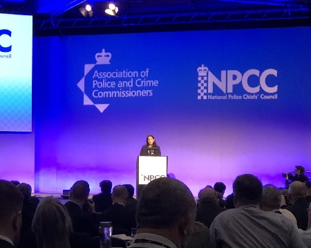 Home Secretary Priti Patel speaking at the APCC & NPCC summit