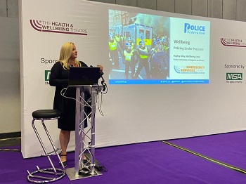 Wellbeing Chair Hayley Aley presenting at the Emergency Services Show