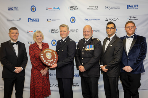 Chair Rich Cooke, PC David Green's finance Thelma, overall winner Glenn Brabham, Chief Constable Craig Guildford, Sadiq Vohra, Practice Group Leader, OMS Employment and Jamie McDonnell, of Slater and Gordon