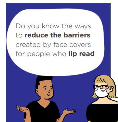 cartoon displaying two people one in a face mask with text regarding lip reading